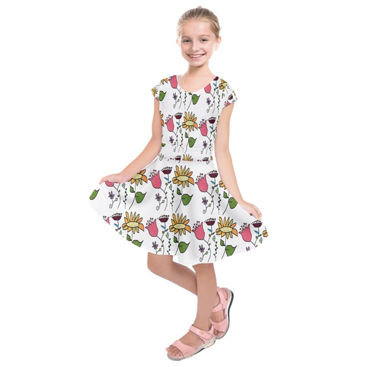 Handmade Pattern With Crazy Flowers Kids  Short Sleeve Dress