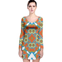 Digital Computer Graphic Geometric Kaleidoscope Long Sleeve Velvet Bodycon Dress