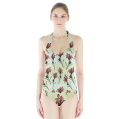 Vintage Style Seamless Floral Wallpaper Pattern Background Halter Swimsuit