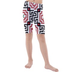 Vintage Style Seamless Black, White And Red Tile Pattern Wallpaper Background Kids  Mid Length Swim Shorts