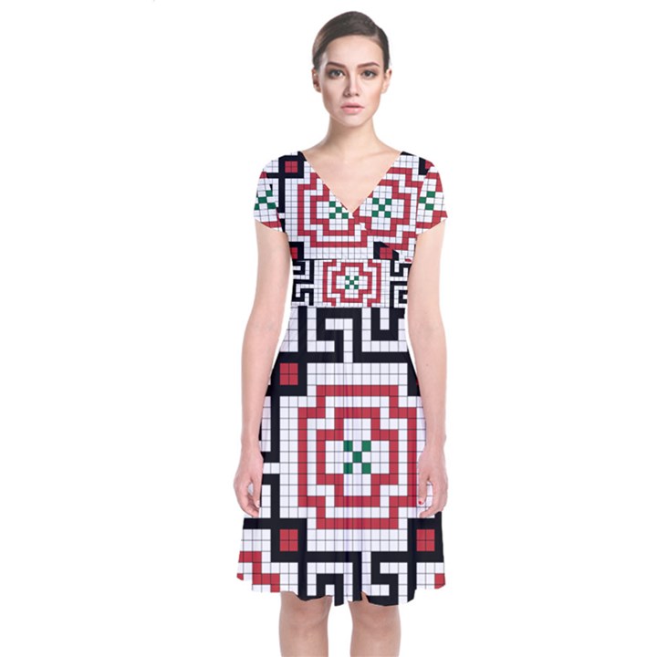 Vintage Style Seamless Black, White And Red Tile Pattern Wallpaper Background Short Sleeve Front Wrap Dress