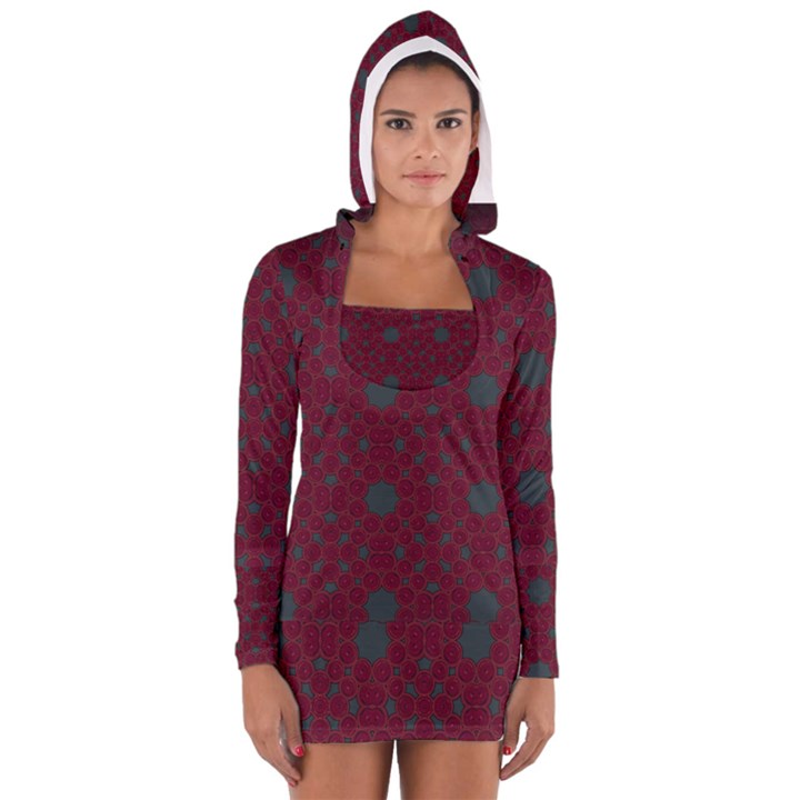 Blue Hot Pink Pattern With Woody Circles Women s Long Sleeve Hooded T-shirt