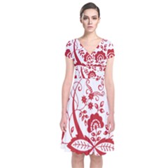 Red Vintage Floral Flowers Decorative Pattern Clipart Short Sleeve Front Wrap Dress by Simbadda