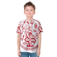 Red Vintage Floral Flowers Decorative Pattern Kids  Cotton Tee