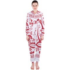 Red Vintage Floral Flowers Decorative Pattern Hooded Jumpsuit (ladies)  by Simbadda