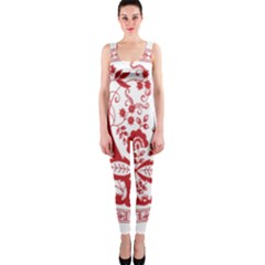 Red Vintage Floral Flowers Decorative Pattern Onepiece Catsuit by Simbadda