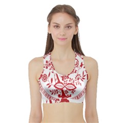 Red Vintage Floral Flowers Decorative Pattern Sports Bra With Border