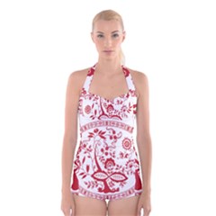 Red Vintage Floral Flowers Decorative Pattern Boyleg Halter Swimsuit  by Simbadda