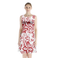 Red Vintage Floral Flowers Decorative Pattern Sleeveless Chiffon Waist Tie Dress