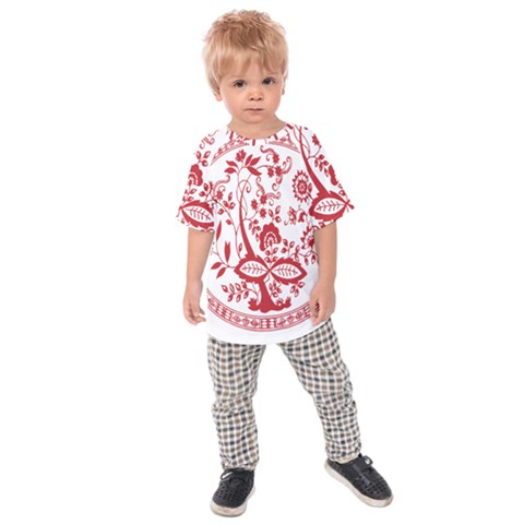 Red Vintage Floral Flowers Decorative Pattern Kids  Raglan Tee by Simbadda