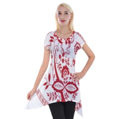 Red Vintage Floral Flowers Decorative Pattern Short Sleeve Side Drop Tunic