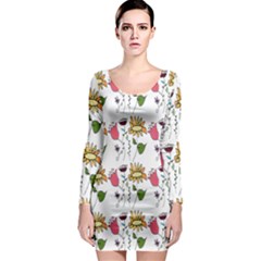 Handmade Pattern With Crazy Flowers Long Sleeve Bodycon Dress