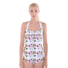 Handmade Pattern With Crazy Flowers Boyleg Halter Swimsuit 