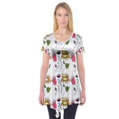 Handmade Pattern With Crazy Flowers Short Sleeve Tunic 