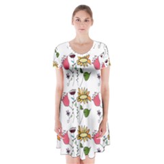 Handmade Pattern With Crazy Flowers Short Sleeve V-neck Flare Dress