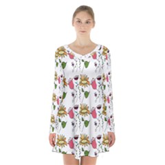 Handmade Pattern With Crazy Flowers Long Sleeve Velvet V-neck Dress