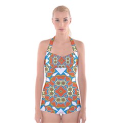 Digital Computer Graphic Geometric Kaleidoscope Boyleg Halter Swimsuit 