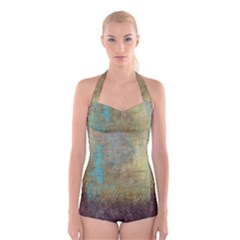 Aqua Textured Abstract Boyleg Halter Swimsuit  by digitaldivadesigns