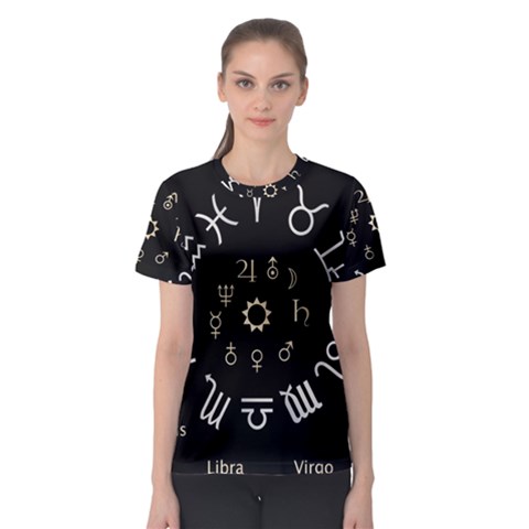 Astrology Chart With Signs And Symbols From The Zodiac Gold Colors Women s Sport Mesh Tee by Amaryn4rt