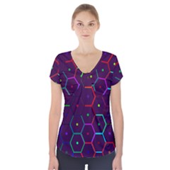 Color Bee Hive Pattern Short Sleeve Front Detail Top