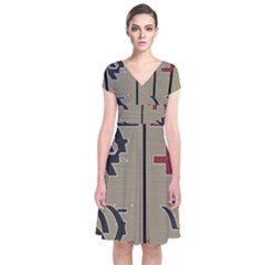 Xia Script On Gray Background Short Sleeve Front Wrap Dress