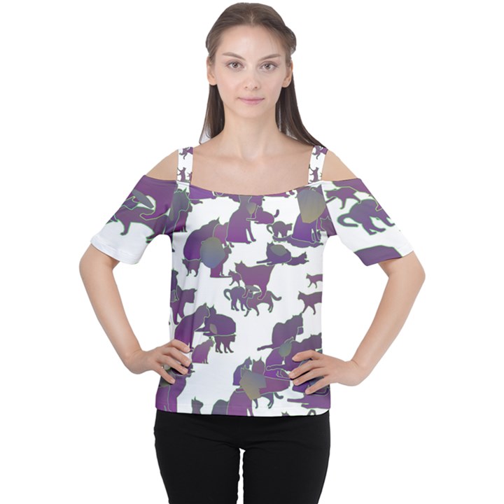 Many Cats Silhouettes Texture Women s Cutout Shoulder Tee