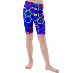 Blue Bee Hive Pattern Kids  Mid Length Swim Shorts