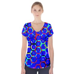 Blue Bee Hive Pattern Short Sleeve Front Detail Top