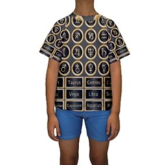 Black And Gold Buttons And Bars Depicting The Signs Of The Astrology Symbols Kids  Short Sleeve Swimwear by Amaryn4rt