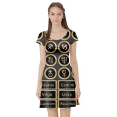 Black And Gold Buttons And Bars Depicting The Signs Of The Astrology Symbols Short Sleeve Skater Dress by Amaryn4rt