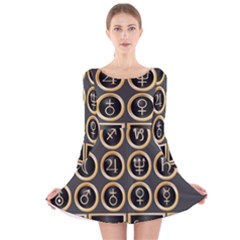 Black And Gold Buttons And Bars Depicting The Signs Of The Astrology Symbols Long Sleeve Velvet Skater Dress