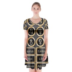 Black And Gold Buttons And Bars Depicting The Signs Of The Astrology Symbols Short Sleeve V-neck Flare Dress by Amaryn4rt