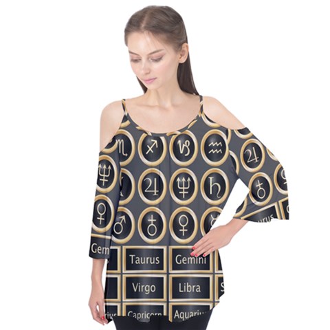 Black And Gold Buttons And Bars Depicting The Signs Of The Astrology Symbols Flutter Tees by Amaryn4rt