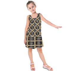 Black And Gold Buttons And Bars Depicting The Signs Of The Astrology Symbols Kids  Sleeveless Dress