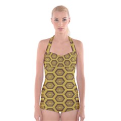 Golden 3d Hexagon Background Boyleg Halter Swimsuit 