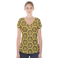 Golden 3d Hexagon Background Short Sleeve Front Detail Top