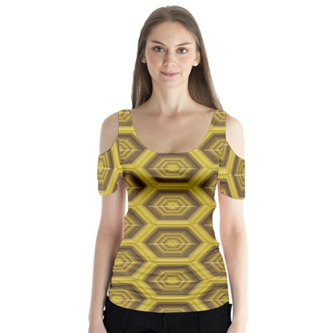 Golden 3d Hexagon Background Butterfly Sleeve Cutout Tee  by Amaryn4rt