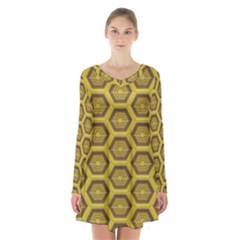 Golden 3d Hexagon Background Long Sleeve Velvet V-neck Dress by Amaryn4rt