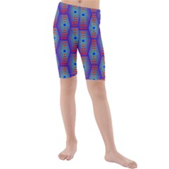 Red Blue Bee Hive Pattern Kids  Mid Length Swim Shorts