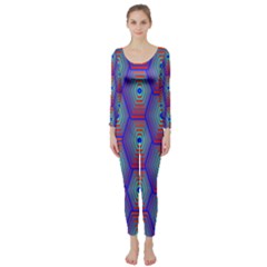 Red Blue Bee Hive Pattern Long Sleeve Catsuit by Amaryn4rt