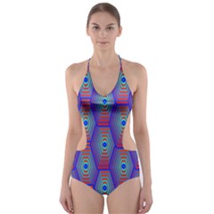 Red Blue Bee Hive Pattern Cut-out One Piece Swimsuit