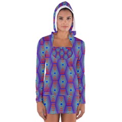 Red Blue Bee Hive Pattern Women s Long Sleeve Hooded T-shirt by Amaryn4rt