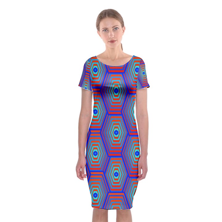 Red Blue Bee Hive Pattern Classic Short Sleeve Midi Dress