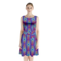 Red Blue Bee Hive Pattern Sleeveless Chiffon Waist Tie Dress by Amaryn4rt