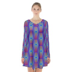 Red Blue Bee Hive Pattern Long Sleeve Velvet V-neck Dress