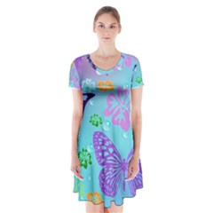 Butterfly Vector Background Short Sleeve V-neck Flare Dress