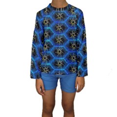 Blue Bee Hive Pattern Kids  Long Sleeve Swimwear