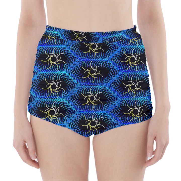 Blue Bee Hive Pattern High-Waisted Bikini Bottoms