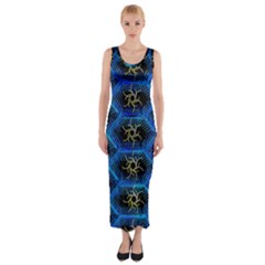 Blue Bee Hive Pattern Fitted Maxi Dress