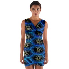 Blue Bee Hive Pattern Wrap Front Bodycon Dress